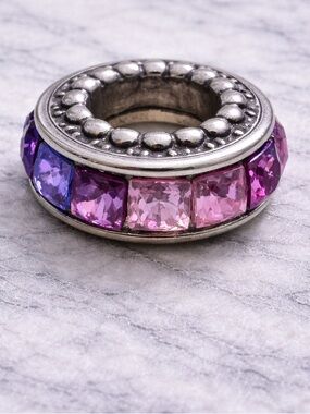 Pink Purple Rhinestone Spacer Charm Silver Tone European Bead